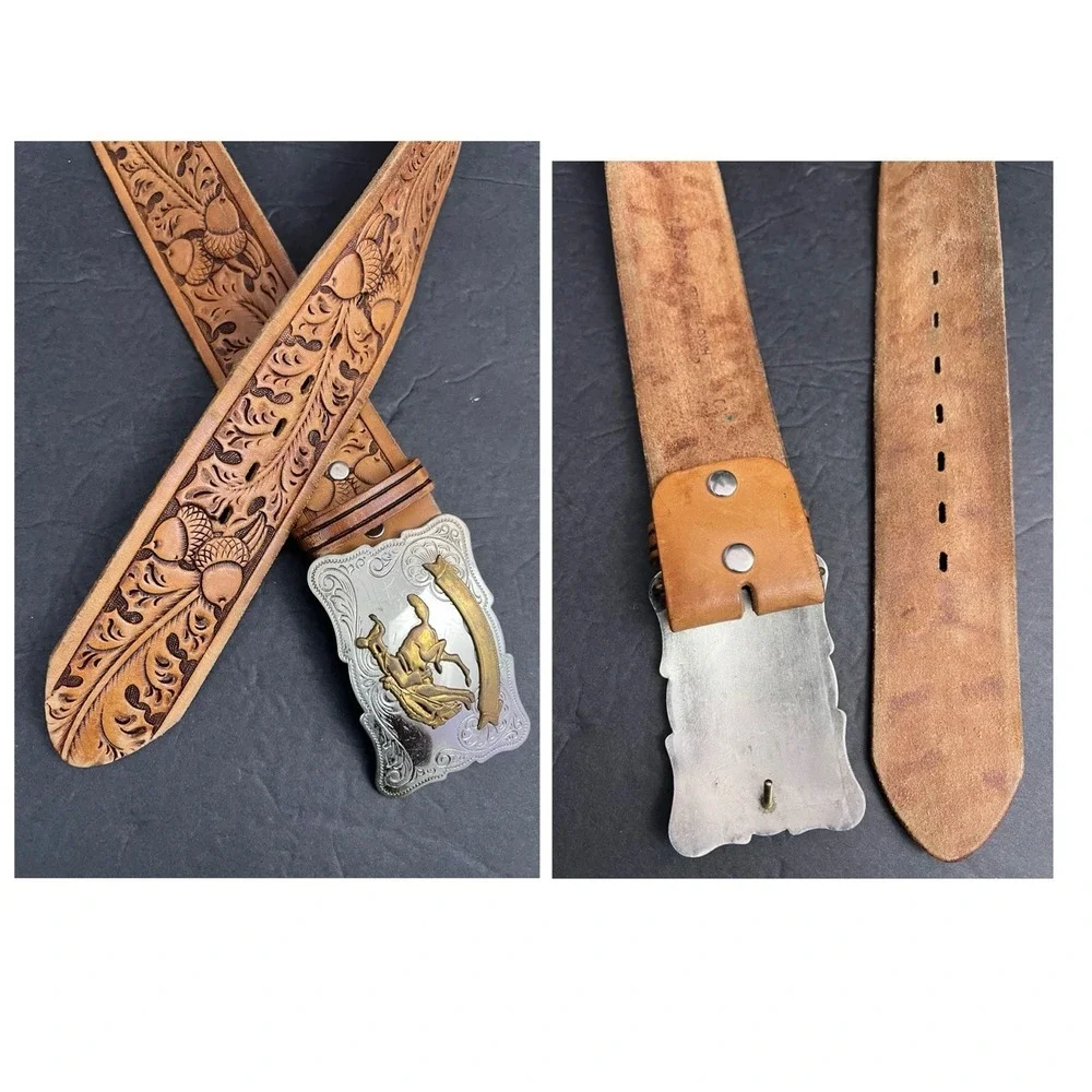Vtg Western Tooled Leather Belt Sz 34 Nickle Silver Buckle Bronco Rodeo‎ Cowboy